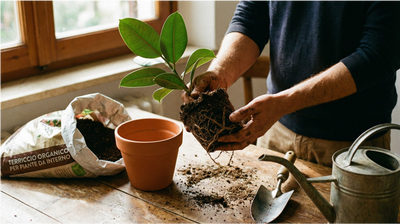 Persona intenta al rinvaso di una pianta di ficus da interno