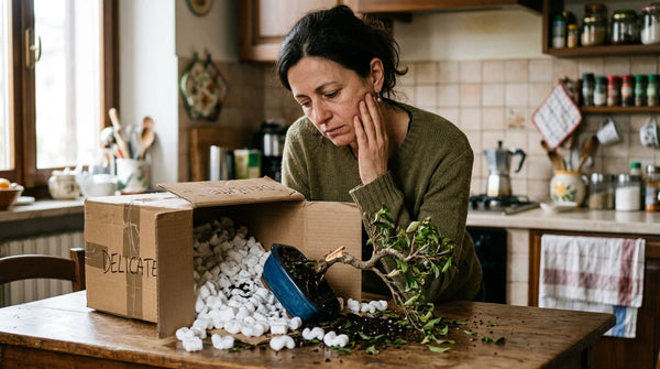 Donna che rimane delusa con apertura scatola per un Bonsai arrivato danneggiato