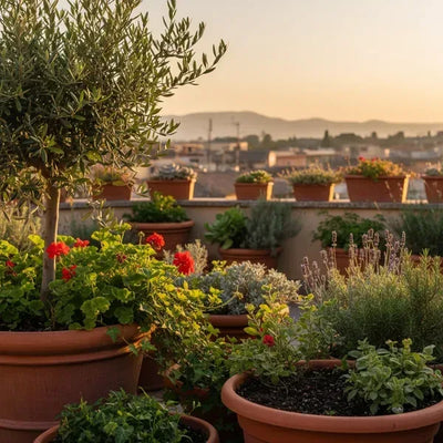 Terrazzo italiano a fine agosto con piante in vaso e luce calda di fine giornata