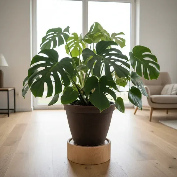 Monstera deliciosa in soggiorno con riscaldamento a pavimento e vaso rialzato