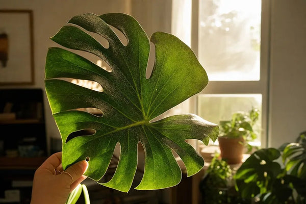 Foglia di Monstera deliciosa tenuta in controluce davanti a una finestra, con velo di polvere visibile sulla lamina
