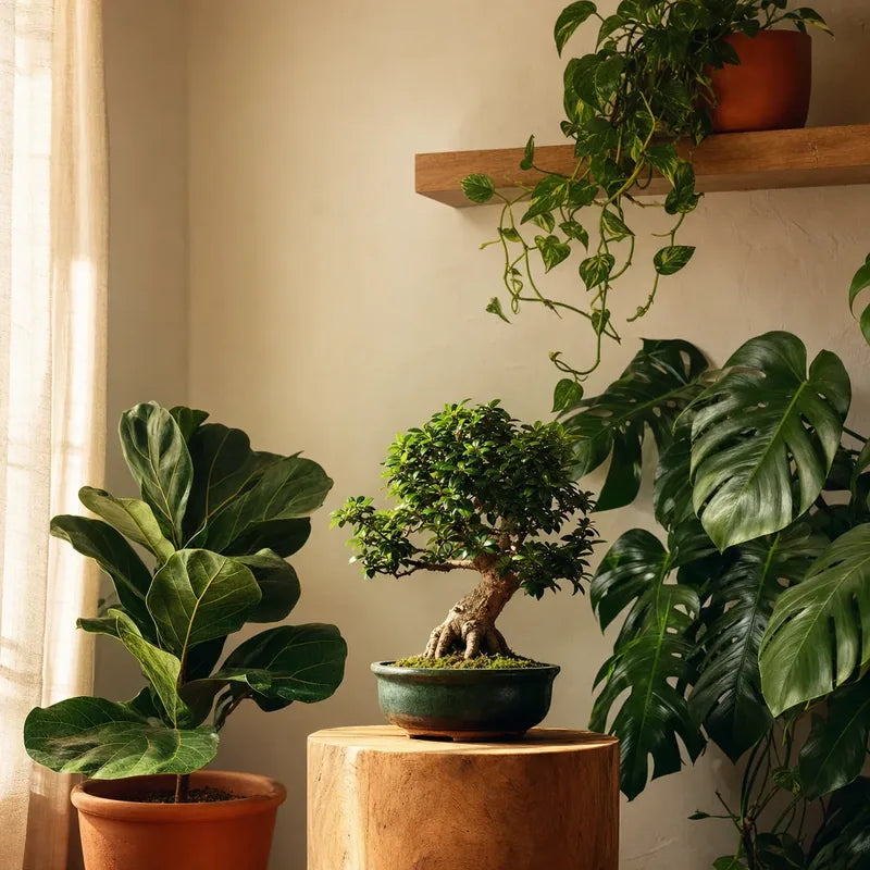 Bonsai su un tronco di legno tra un Ficus lyrata, un Pothos e una Monstera