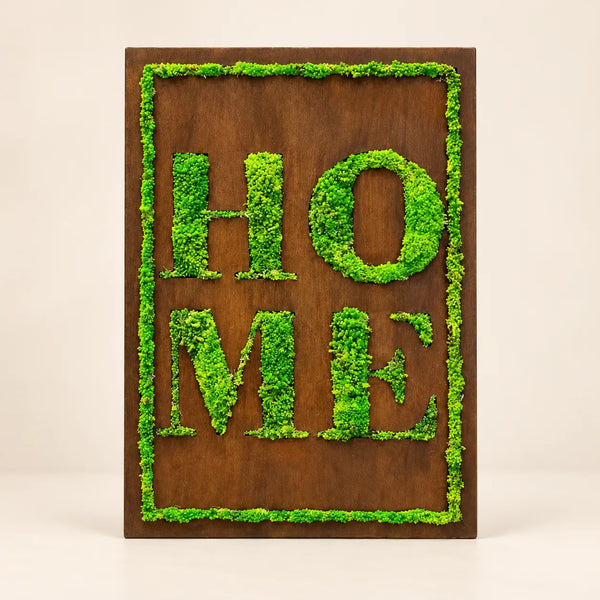 Quadro in Muschio Stabilizzato con Scritta HOME – 50x35 cm | Decorazione Verde da Parete