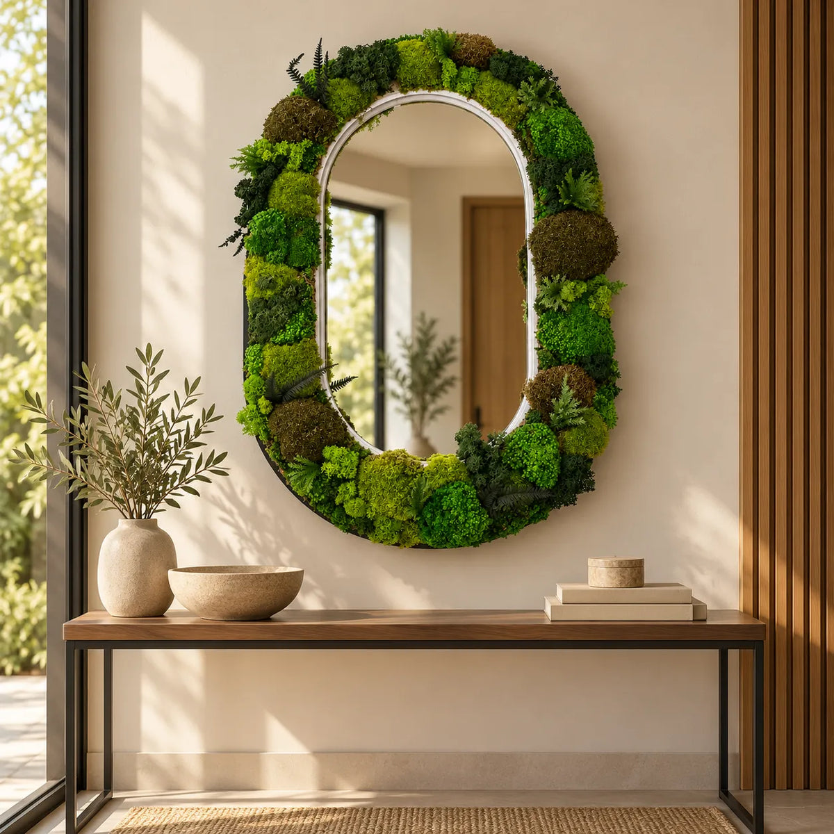 Veria — Specchio ovale con muschio, licheni e felci stabilizzati, cornice nera – 51x76 cm