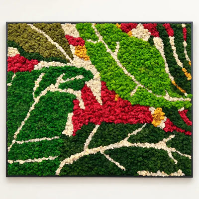Quadro di licheni stabilizzati per la FAO, con cornice scura e disegno astratto verde, rosso, bianco e giallo.