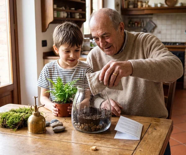 Nonno e nipote che compongono insieme un terrarium con piccole piante verdi