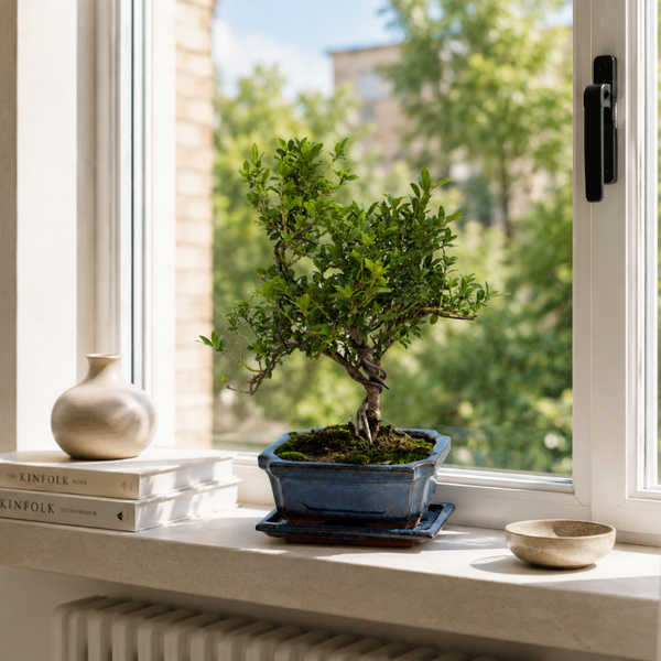 Bonsai da interno di ligustro su un davanzale di finestra con luce naturale