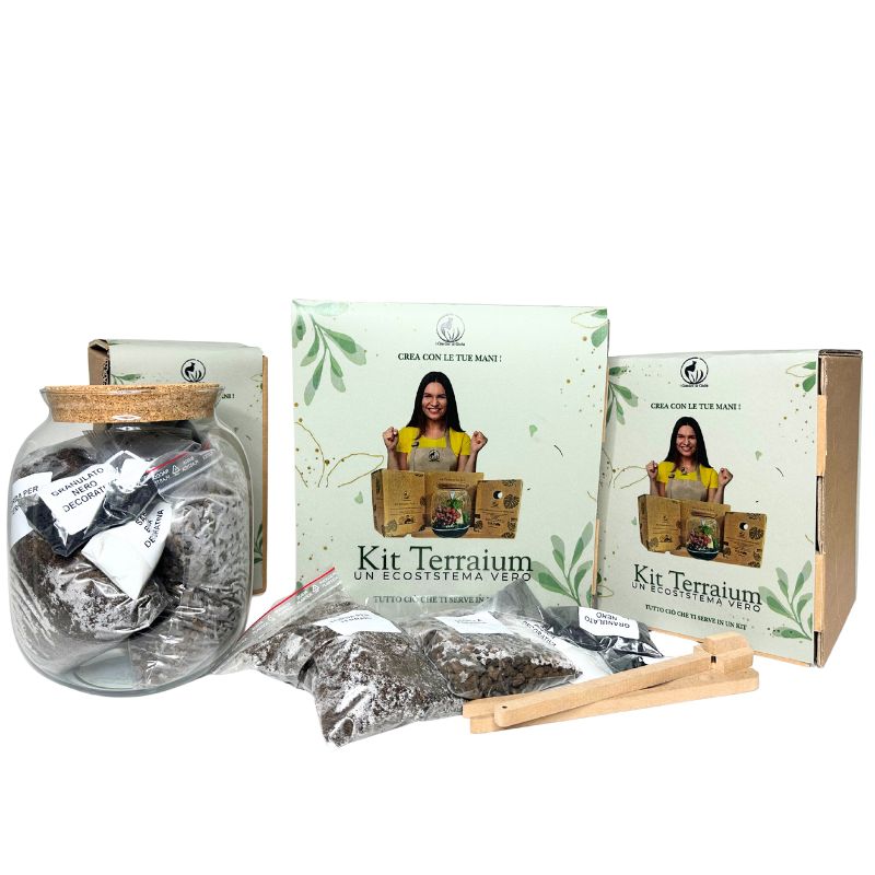 Kit terrarium senza piante: barattolo in vetro, bustine di substrati e utensile in legno, con scatole del kit sullo sfondo. Grafica “Crea con le tue mani!”, produzione italiana.