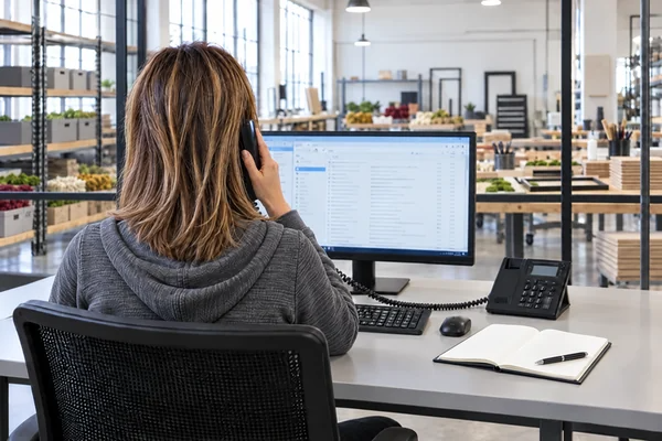 Operatrice di spalle risponde al telefono, con il laboratorio sullo sfondo