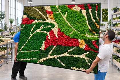 Due persone dello staff reggono il quadro in verde stabilizzato di 3 × 2,50 metri realizzato per il Palazzo FAO