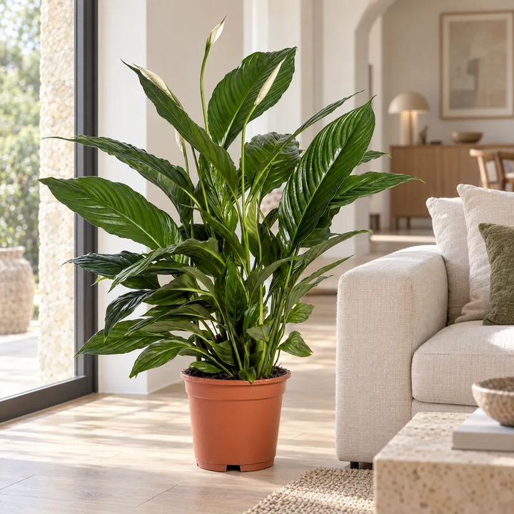 Spathiphyllum Vivaldi alto 75 cm in vaso da 19 cm nel soggiorno accanto al divano