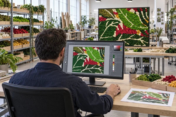 Operatore di spalle progetta al computer il disegno del quadro in verde stabilizzato per il Palazzo FAO