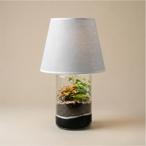 Lamparium Aurora 12x35 cm con Fittonia rosa, edera e muschio, paralume bianco