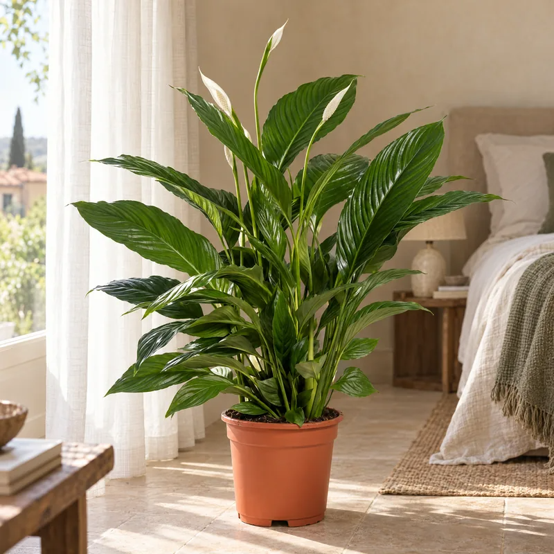 Pianta di Spathiphyllum Vivaldi in camera da letto vicino alla finestra luminosa