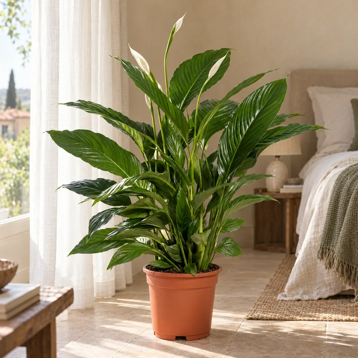Pianta di Spathiphyllum Vivaldi in camera da letto vicino alla finestra luminosa