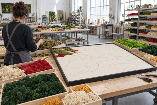 Operatrice seleziona i muschi colorati accanto alla cornice con il disegno preparatorio del quadro