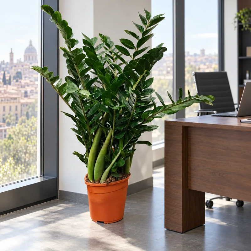 Zamioculcas zamiifolia accanto alla scrivania di un ufficio luminoso