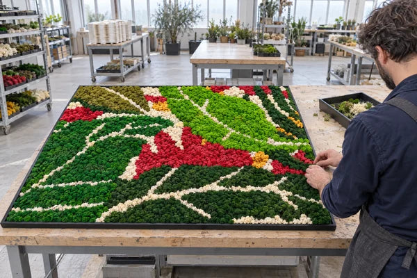 Operatore rifinisce i muschi lungo il bordo della cornice del quadro in verde stabilizzato