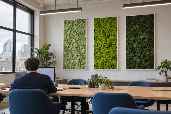Pannelli verticali in licheni stabilizzati in uno spazio coworking