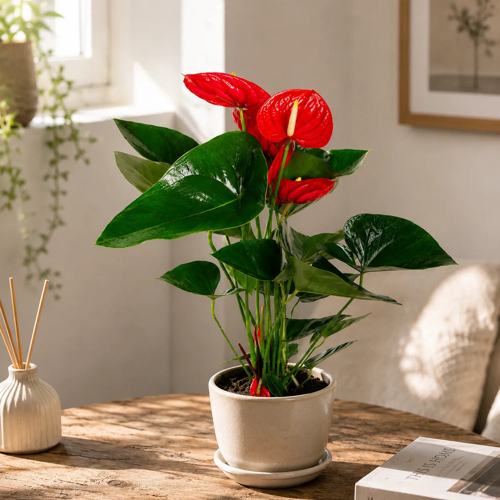 Anthurium con fiori rossi lucidi e foglie verdi decorative in vaso beige su tavolo in legno.