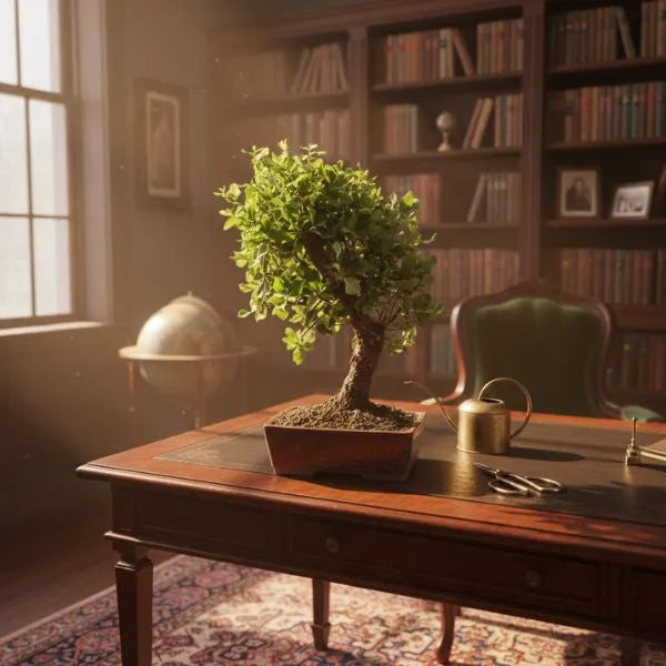 Bonsai da arredo con chioma compatta in vaso rettangolare marrone su scrivania in legno in studio elegante con libreria sullo sfondo