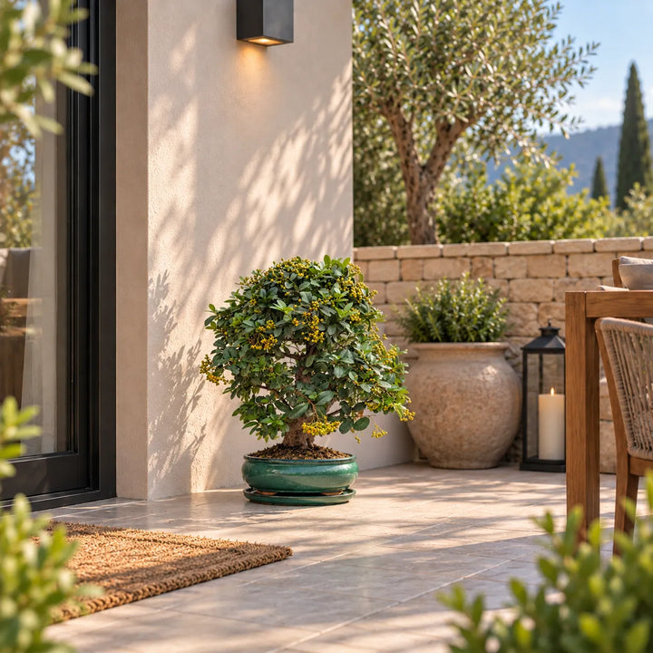 Bonsai Pyracantha Coccinea di 19 anni con chioma verde e bacche, in vaso bonsai verde, ambientato su terrazza moderna