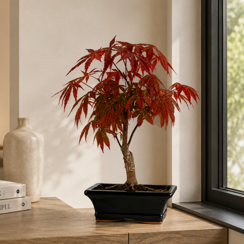 Bonsai Acer Palmatum rosso in vaso nero su tavolo in legno vicino a una grande finestra con stile d’arredo moderno e raffinato.