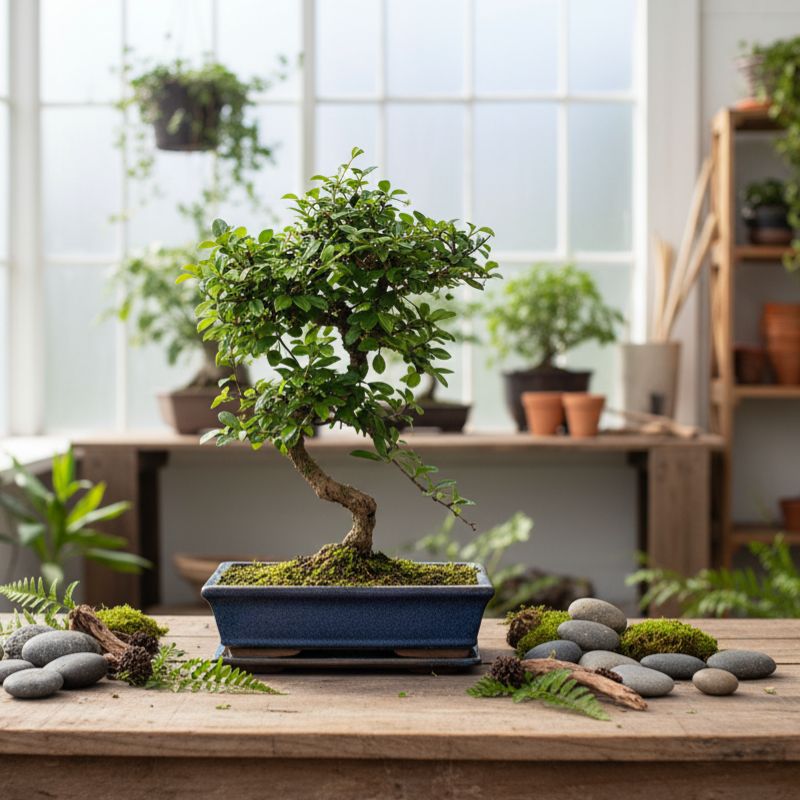 Bonsai pyracantha sp 12 anni con chioma compatta e muschio decorativo in vaso bonsai blu su tavolo in ambiente luminoso con piante.