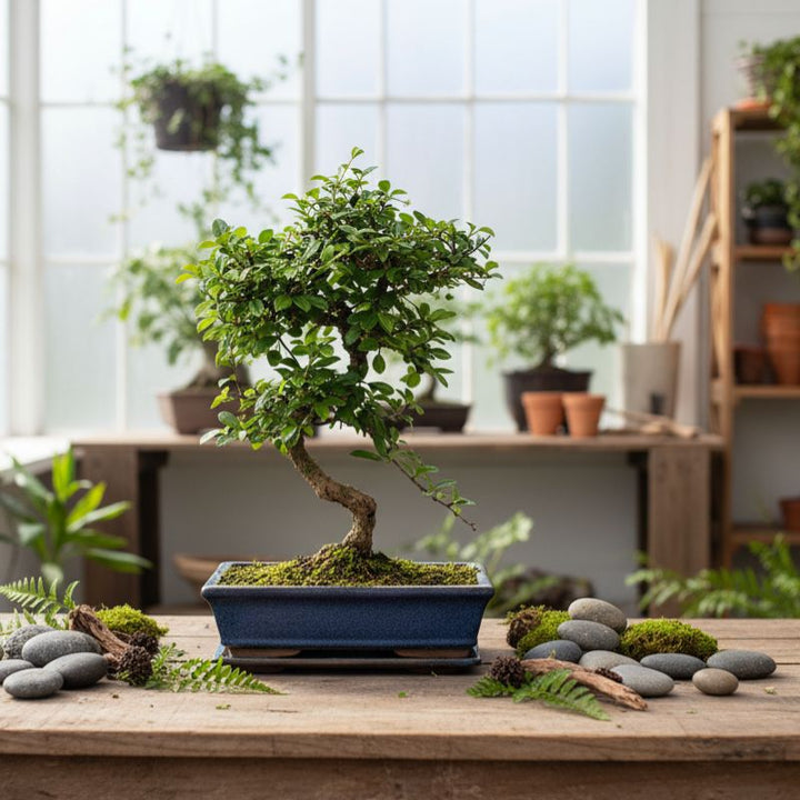 Bonsai pyracantha sp 12 anni con chioma compatta e muschio decorativo in vaso bonsai blu su tavolo in ambiente luminoso con piante.