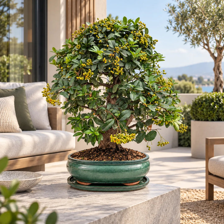 Bonsai Pyracantha Coccinea di 19 anni con folta chioma e bacche gialle, in vaso ceramica verde su terrazza luminosa