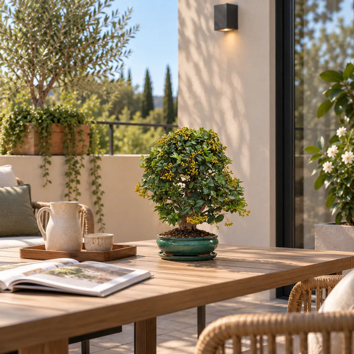 Bonsai Pyracantha Coccinea di 19 anni con bacche e chioma compatta, in vaso verde su tavolo di una terrazza moderna