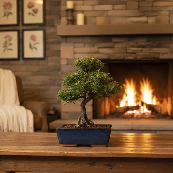 Bonsai syzygium buxifolium in vaso blu su tavolo davanti a camino acceso in ambiente domestico accogliente.