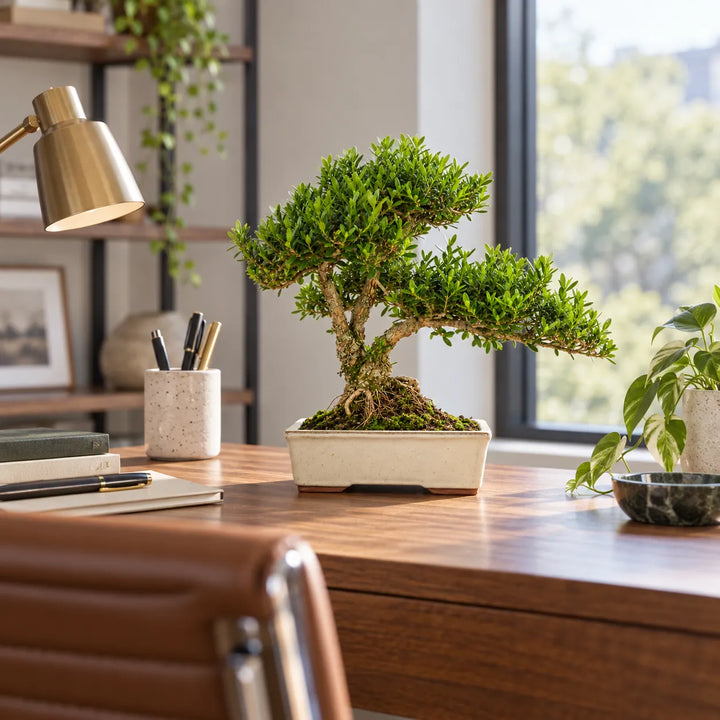 Bonsai con tronco lavorato e chioma verde compatta in vaso rettangolare chiaro, ambientato su una scrivania in uno studio moderno