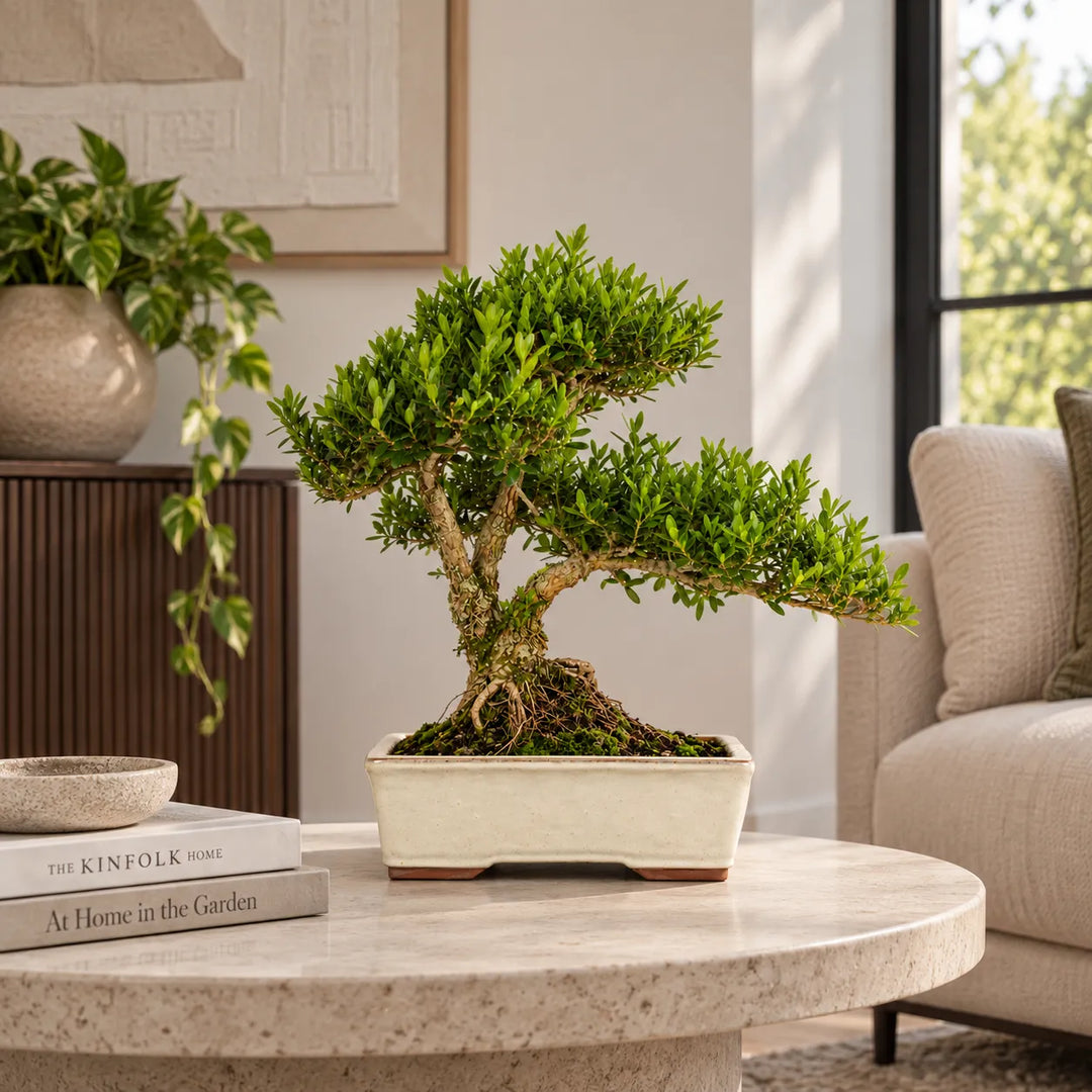 Bonsai con chioma verde modellata e vaso rettangolare chiaro, posizionato su tavolino in un salotto moderno e luminoso