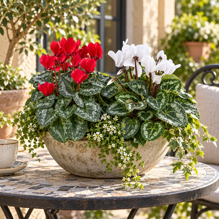 Ciclamini rossi e bianchi in ciotola decorativa con edera e piccoli fiori bianchi, su tavolino da esterno