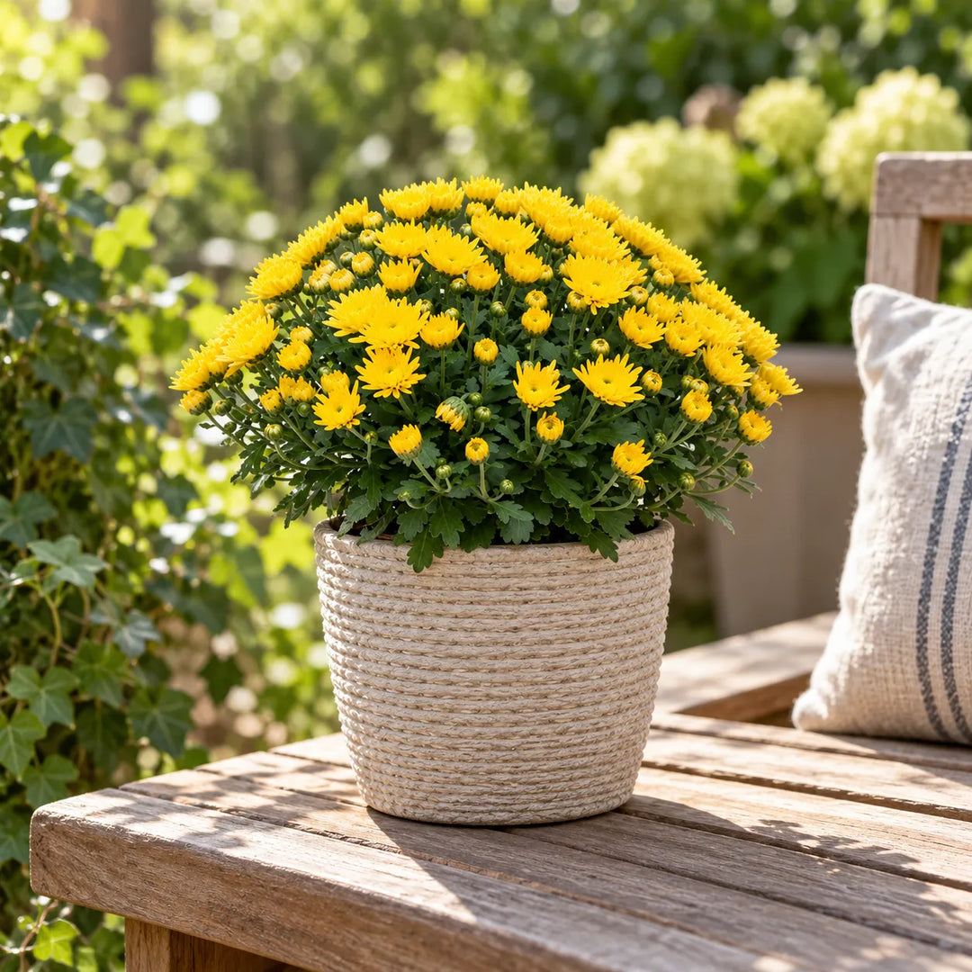 Pianta di crisantemo con numerosi fiori gialli e boccioli, in vaso decorativo intrecciato su tavolo da esterno