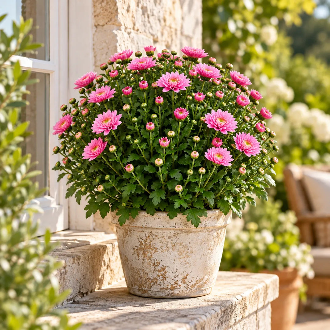 Crisantemo rosa con numerosi fiori e boccioli in vaso decorativo effetto anticato, posizionato su davanzale in pietra all'esterno