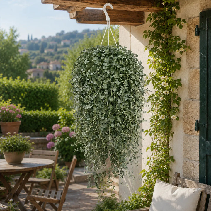 Dichondra Silver Falls coltivata in vaso sospeso sotto pergolato, perfetta per decorare terrazzi, balconi e spazi outdoor.