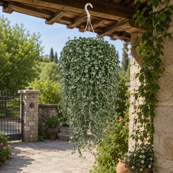 Dichondra argentea Silver Falls con lunghe cascate di foglie argentate in basket sospeso, ideale per pergolati, terrazzi e giardini.