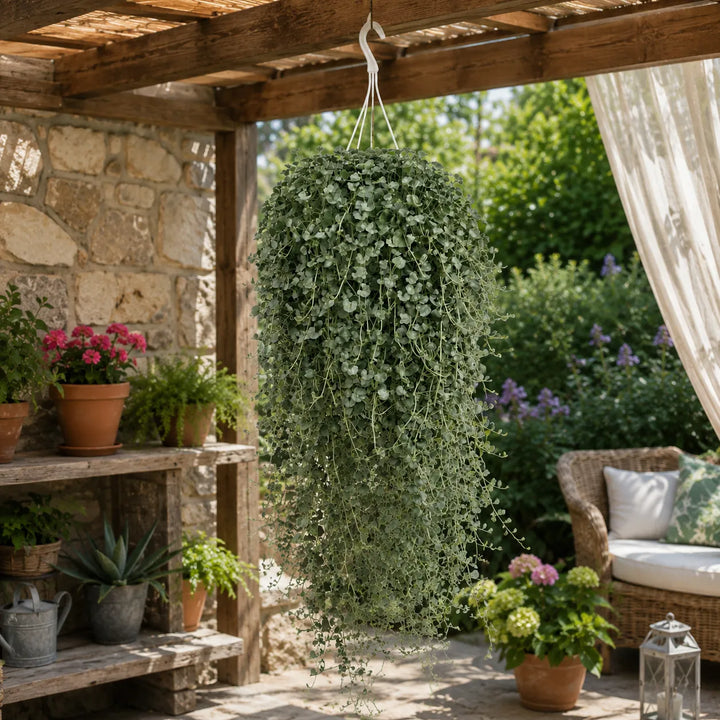 Pianta di Dichondra argentea Silver Falls in basket sospeso con fogliame grigio argenteo e portamento elegante a cascata.