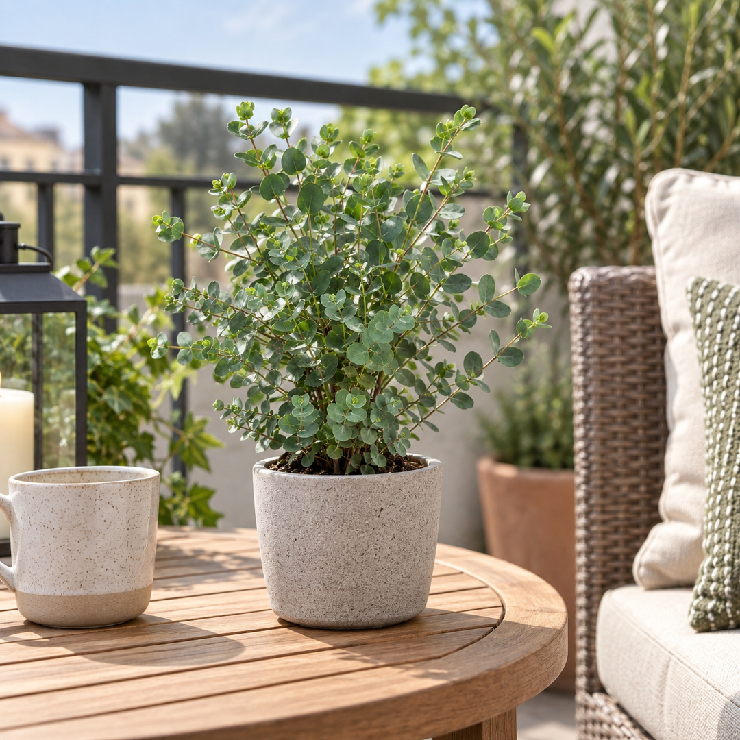 Eucalyptus gunnii D.14 cm in vaso decorativo ambientato su terrazzo, pianta da esterno ideale per balconi e giardini