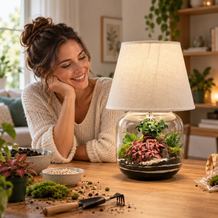 Lamparium fai da te completato e illuminato con piante verdi e Fittonia all’interno del contenitore in vetro