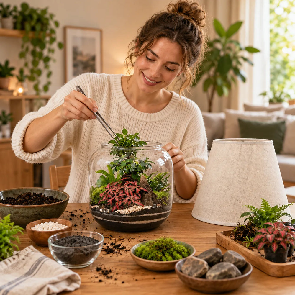 Lamparium completo acceso con paralume e terrarium di piante verdi, utilizzato come lampada decorativa da comodino