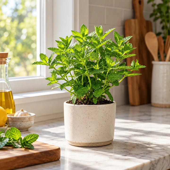 Menta marocchina in vaso decorativo in cucina vicino alla finestra