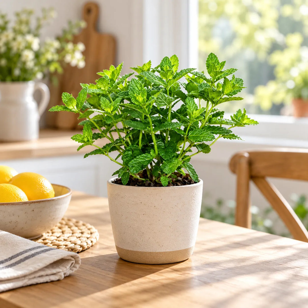 Menta marocchina in vaso decorativo su un tavolo in una cucina luminosa