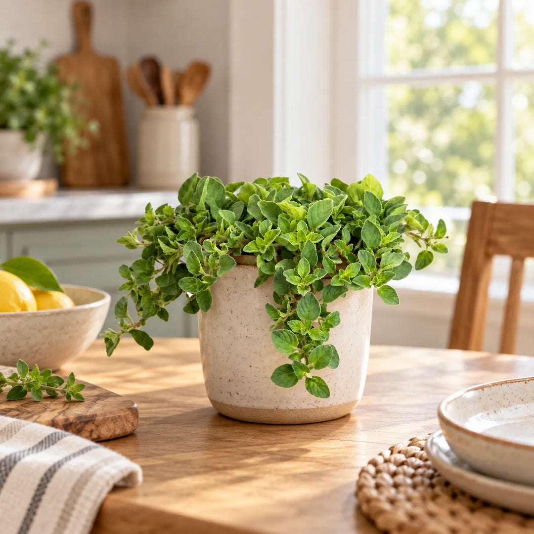 Origano Vulgare in vaso decorativo su tavolo in cucina, pianta aromatica con foglie verdi