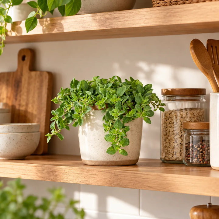 Pianta di Origano Vulgare in vaso decorativo, ambientata su una mensola in cucina