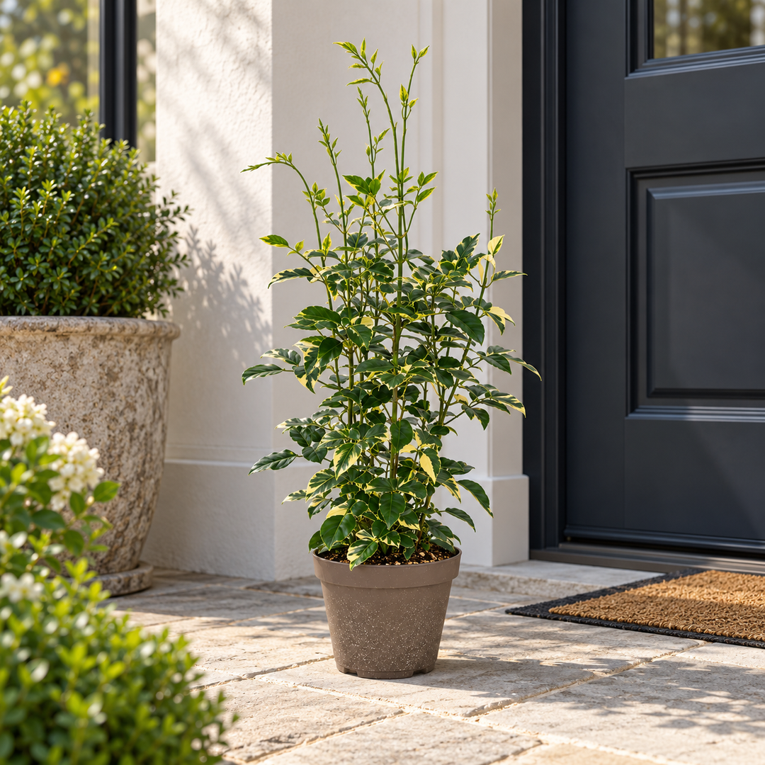 Pandorea jasminoides variegata in vaso usata come pianta ornamentale per decorare l'ingresso