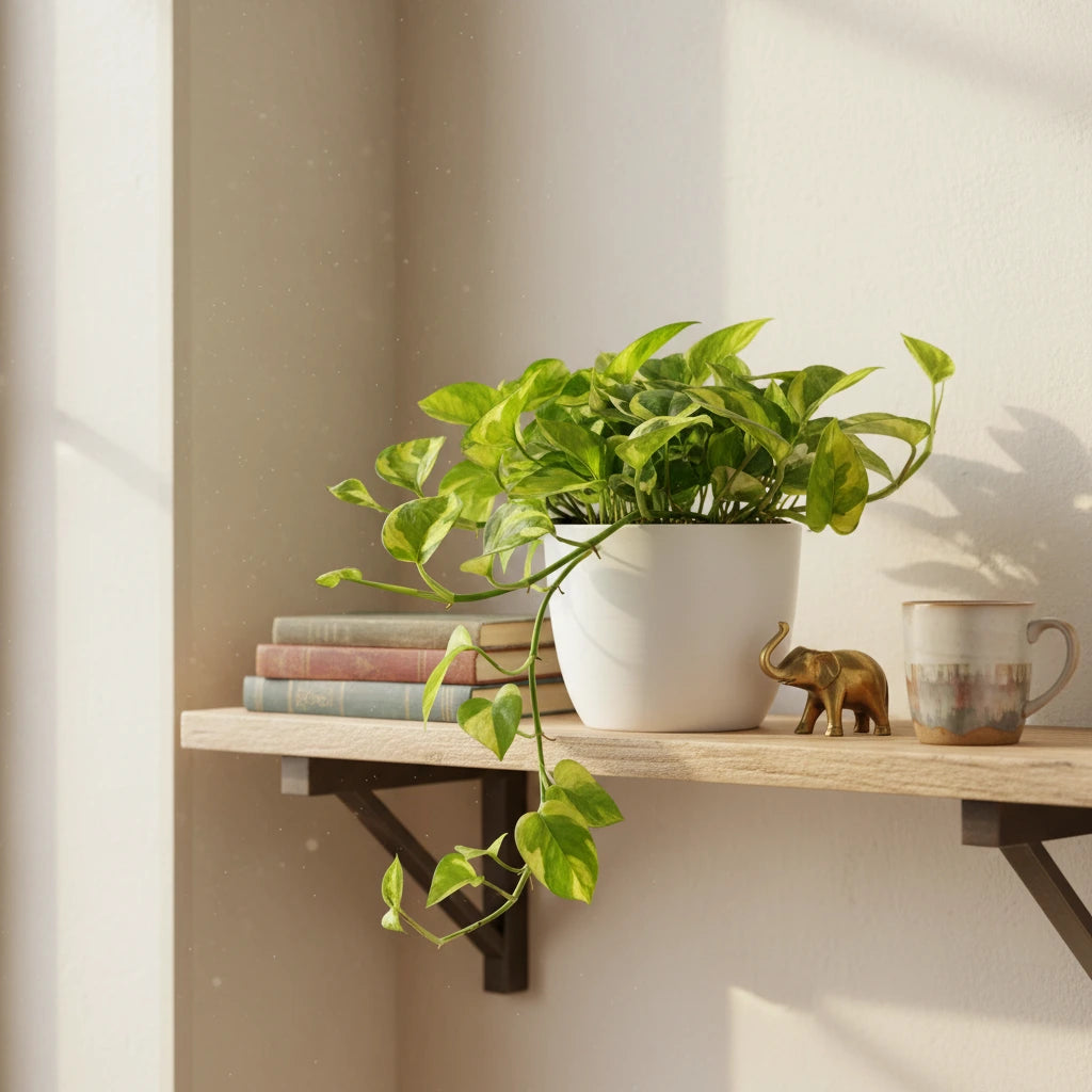 Pothos N'Joy Basket 20cm - pianta pendente con foglie gialle in vaso bianco su mensola in legno, vista laterale