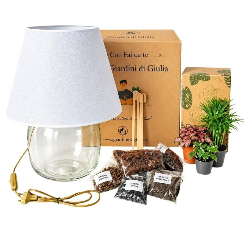 Terrarium Lamparium grande con piante verdi e paralume, alto 52 cm
